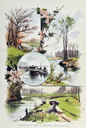 Das Ufer der Marne: von Charenton nach Nogent im Jahr 1887. Illustration von Gustave Fraipont (1849-1923). Gravur von 1887 in „Paris-Illustrous journal weekly“.