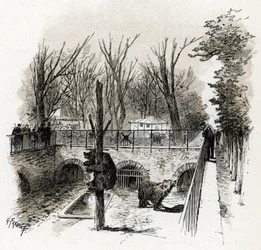 Ansicht des Bärenzwingers im Zoo des Jardin des Plantes, Paris. Zeichnung von Gustave Fraipont (1849-1923) aus „La Seine à travers Paris“ von Saint-Juirs