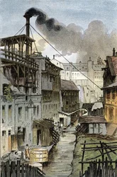 Blick auf den Fluss Bievre vom Port Royal Boulevard, Paris. Zeichnung von Gustave Fraipont (1849-1923) aus „La seine a travers Paris“ von Saint-Juirs