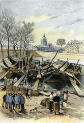 Ansicht des Apfelmarktes auf Lastkähnen auf der Seine, nahe dem Hotel de Ville, Paris