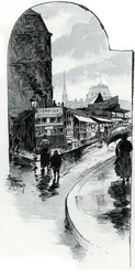 Ansicht der Trödler an der Ecke der Rue de la Bucherie in Paris (Second-Hand-Läden in der Rue de la Bucherie, Paris) Zeichnung von Gustave Fraipont (1849-1923) aus „La Seine à travers Paris“ von Saint-Juirs