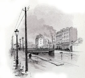 Ansicht der Schwenkbrücke des Quai de Valmy am Canal Saint Martin, Paris. Zeichnung von Gustave Fraipont (1849-1923) aus Saint-Juirs