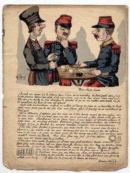 Ein absurder Brief eines Soldaten an seinen Vater, mit Rechtschreib- und Grammatikfehlern, über Geld und Familie. Zeichnung von Gustave Frison in 