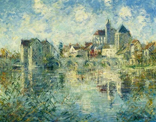 Moret-sur-Loing, die Brücke und die Kirche, ca. 1935