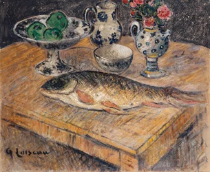Stillleben mit Fisch, Blumen und Äpfeln
