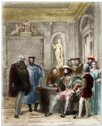 Leonardo da Vinci am Hof des Königs von Frankreich Franz I. (Leonardo da Vinci alla corte del re di Francia Francesco primo). Gravur aus dem 19. Jahrhundert von Gustave Greux. Private Sammlung