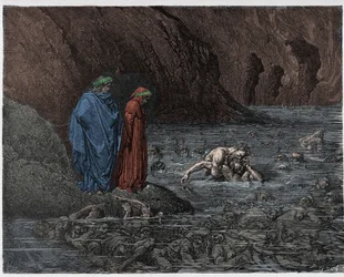 Inferno, Gesang 32: Ugolino (Ugolin della Gherardesca) nagt am Kopf von Erzbischof Ruggieri (Ruggeri Ubaldini), Illustration aus Die Göttliche Komödie von Dante Alighieri, 1885 (digital koloriert)