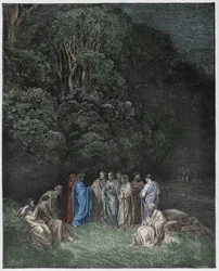 Inferno, 4. Gesang: Homer, die Dichter und die Helden im Limbus, Illustration aus der Göttlichen Komödie von Dante Alighieri, 1885