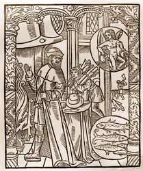 Hirtenkalender - Die Arbeiten der Monate - Februar - Holzschnitt aus dem Buch von 1496, gedruckt von Guy Marchant (Guido Mercator) in Troyes - Holzgravur in „Le grand Calendrier et compost des shepherds“