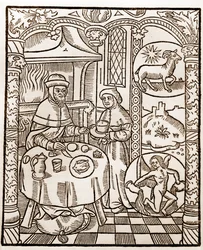 Schäferkalender - Die Arbeiten der Monate - Januar - Holzschnitt aus dem Buch von 1496, gedruckt von Guy Marchant (Guido Mercator) in Troyes - Holzgravur in „Le grand Calendrier et compost des shepherds“