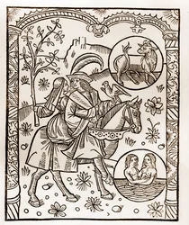 Hirtenkalender - Die Arbeiten der Monate - Mai - Holzschnitt aus dem Buch von 1496, gedruckt von Guy Marchant (Guido Mercator) in Troyes - Holzgravur in „Le grand Calendrier et compost des shepherds“