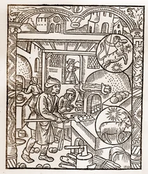Hirtenkalender - Die Arbeiten der Monate - November - Holzschnitt aus dem Buch von 1496, gedruckt von Guy Marchant (Guido Mercator) in Troyes - Holzgravur in „Le grand Calendrier et compost des shepherds“
