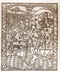 Hirtenkalender - Die Arbeiten der Monate - Oktober - Holzschnitt aus dem Buch von 1496, gedruckt von Guy Marchant (Guido Mercator) in Troyes - Holzgravur in „Le grand Calendrier et compost des shepherds“ - Die Ernte - und die Tierkreiszeichen