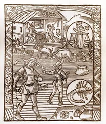 Hirtenkalender - Die Arbeiten der Monate - September - Holzschnitt aus dem Buch von 1496, gedruckt von Guy Marchant (Guido Mercator) in Troyes - Im Vordergrund säen Bauern im Flug - Holzschnitt in „Le grand Calendrier et compost des shepherds“