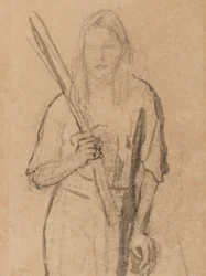 Stehendes Mädchen mit Holzpfosten in der Hand