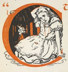 Illuminierter Buchstabe C mit Alice und dem Weißen Kaninchen