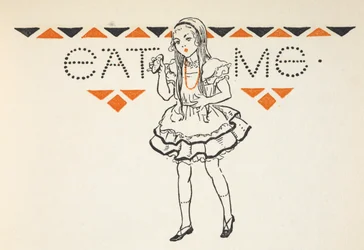 Illustration von Alice mit einem kleinen Kuchen mit der Aufschrift 