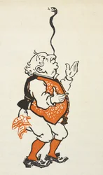 Illustration eines elegant gekleideten Mannes, der eine Schlange auf seiner Nase balanciert