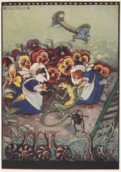 Illustration von zwei Meerschweinchen in Dienstmädchenkleidung, die sich um eine Eidechse kümmern, während zwei Igel im Hintergrund eine Trage tragen, um ihm zu helfen.
