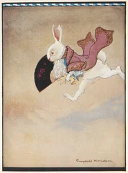 Das weiße Kaninchen läuft in einem roten Frack und trägt einen Fächer