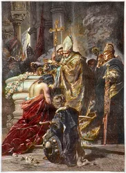 Die Taufe von Stephan I. (ca. 970-1038), Heiliger und erster König von Ungarn - getauft von Adalbert von Prag Nach einem Werk von Gyula Benczur - Der ungarische Prinz Vajk wird von Adalbert von Prag getauft und nimmt den Namen Stephan an (St. Stephan I. Kö