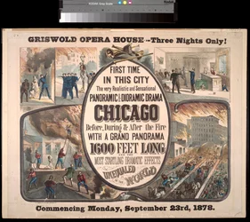Werbung für ein Panorama- und Diorama-Drama über das Chicagoer Feuer von 1871 im Griswold Opera House