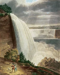 Niagarafälle, Teil des amerikanischen Falls vom Fuß der Treppe, graviert von J. Hill, veröffentlicht von H.L. Megarcy (Farbstich)