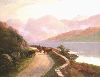 Treiber mit Kühen am Lake Buttermere, Abend