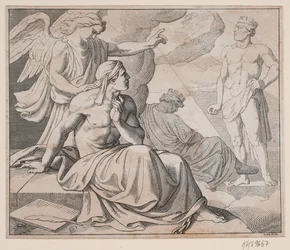 Allegorisches Blatt. Ein Engel legt die Hand auf die Schulter eines Mannes und zeigt auf eine Statue