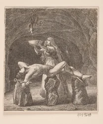 Sigyn hält die Schale zwischen der Schlange und Loki