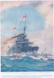 HMS Birmingham unter dem Kommando von Kapitän Arthur Duff rammt das deutsche U-Boot U15 am 9. August 1914, Illustration aus 