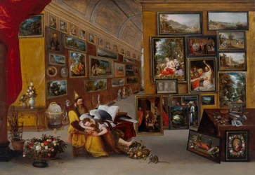 Das Innere einer Gemäldegalerie mit allegorischen Bildern