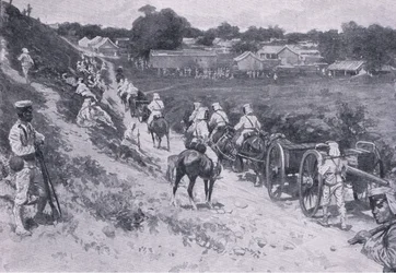 Admiral Seymours Expedition: Japanische Truppen auf dem Marsch (Lithographie)