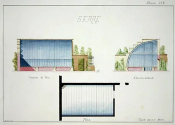 Entwurf für ein Gewächshaus mit gebogenen Glaswänden und -dach, aus einem Folio mit Originalzeichnungen im klassischen und frühen Belle-Epoque-Stil, ca. 1870