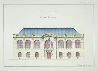 Hauptfassade einer Bibliothek, Tafel XII aus einem Folio von Entwürfen, ca. 1870