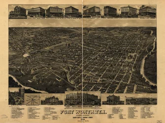 Perspektivkarte nicht maßstabsgetreu. Vogelperspektive. LC Panoramakarten (2. Aufl.), 910 Auch über die Website der Library of Congress als Rasterbild verfügbar. Enthält Illustrationen, Index zu Sehenswürdigkeiten und Karte der Eisenbahnanlagen von Fort Wo