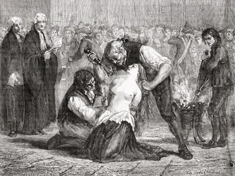 Die Folterung der Madame de la Motte, gestochen von Meyer-Heine, aus „Histoire de la Révolution française“ von Louis Blanc (1811-82)