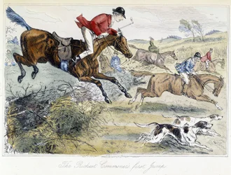Jagdszene, englische Karikatur auf die Fuchsjagd, aus den „Abenteuern von Thomas Scott oder Hawbuck Grange“, Illustration von H.K. Browne und W.T. Maud.