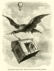 Ein Adler fliegt mit Gulliver und seinem Haus davon (Gravur)