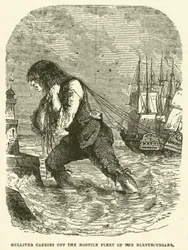 Gulliver trägt die feindliche Flotte der Blefuscudianer davon (Gravur)