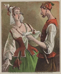 Die Frau des Bauern von Brobdingnag ist beim Anblick von Gulliver erschrocken (Farblithographie)