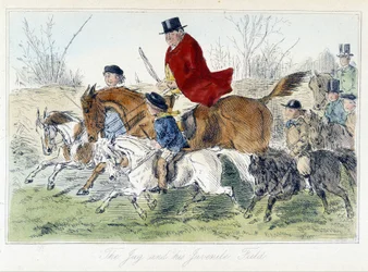 Jagdszene, englische Karikatur zur Fuchsjagd aus "Adventures of Thomas Scott or Hawbuck Grange", Illustration von H.K. Browne und W.T. Maud