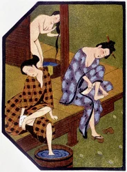 Die jungen Japanerinnen beim Baden - in „Poupées japonaises“ von Félicien Champsaur, illustriert von Hanafusa Itcho, Paris