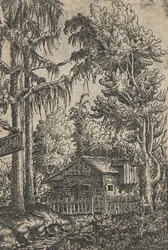 Eine Hütte und zwei Kiefern