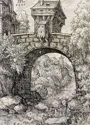 Landschaft mit Brückentor und Wasser, ca. 1550