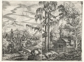 Landschaft mit der Stadt an einem Fluss und dem Häuschen zwischen Bäumen