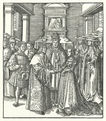 Papst Nikolaus V. leitet die Hochzeit des Heiligen Römischen Kaisers Friedrich III. und Eleonore von Portugal in Rom