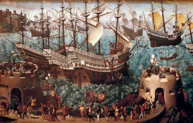Einschiffung von Heinrich VIII. in Dover auf der Galeone Henri Grace a Dieu anlässlich des Handelsabkommens mit François I. am 7. Juni 1520
