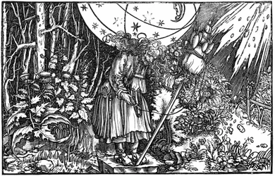Alte Frau (Hexe oder Fee) beim Spinnen
