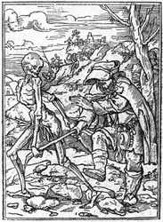Die Simulakren des Todes von Hans Holbein dem Jüngeren (1497-1543): der Blinde. Der Tod greift nach dem Stock des Blinden und fungiert als Führer. Gravur.